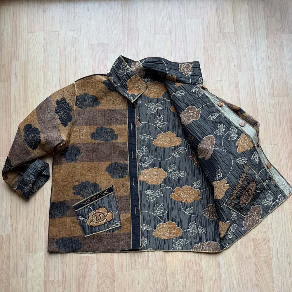 Vintage Yak Magik Reversible Brown and Green Tapestry Floral Button Jacket